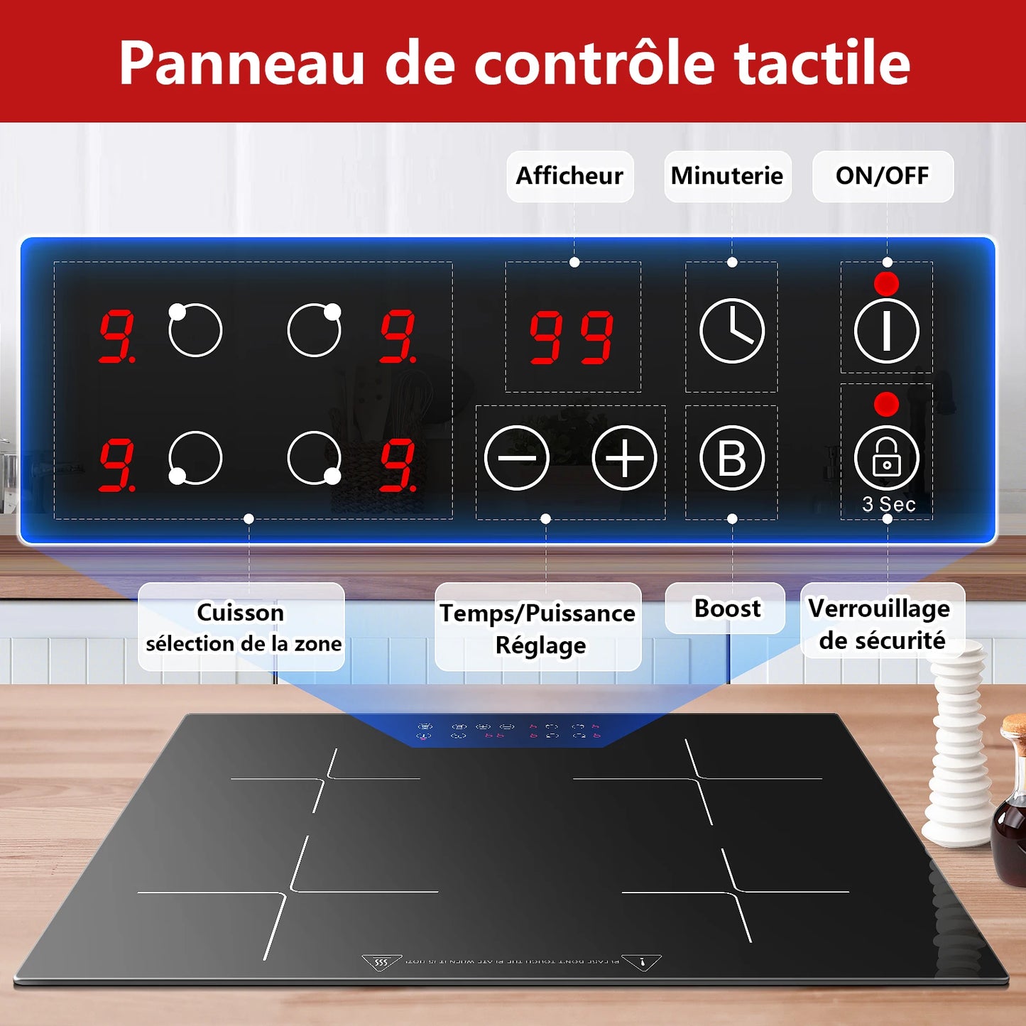 KICHPOWER-Table de cuisson à induction, 4 plaques, fonctionnement tactile, minuterie 1-99 min, 60 cm
