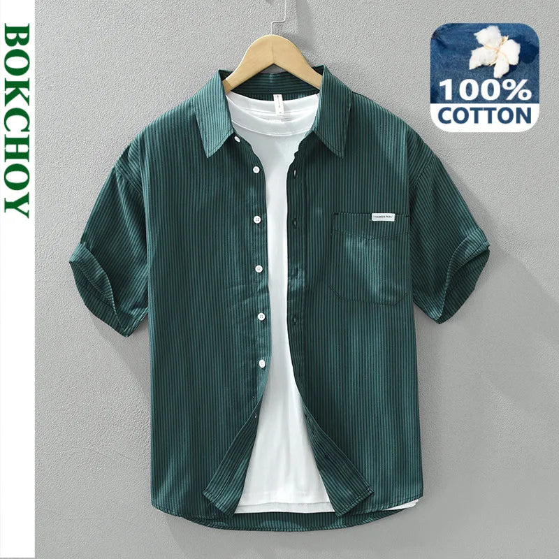 Chemises Cargo à Rayures en Pur Coton pour Homme, Vêtement à Manches Courtes, Fin et Confortable, Streetwear, Nouvelle Collection Printemps Été, CM8052