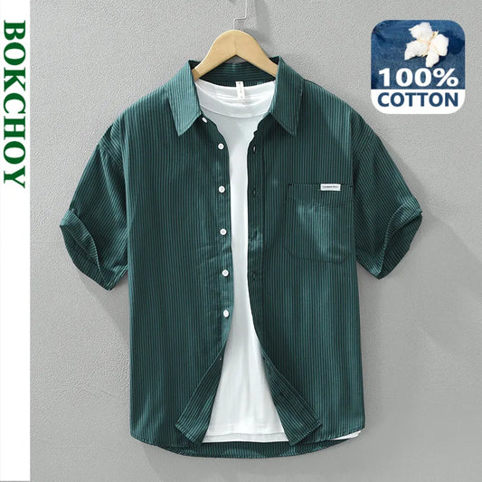Chemises Cargo à Rayures en Pur Coton pour Homme, Vêtement à Manches Courtes, Fin et Confortable, Streetwear, Nouvelle Collection Printemps Été, CM8052