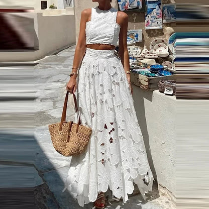Jupe de soirée creuse en Crochet brodé blanc pour femmes, costume de tempérament élégant, haut sans manches et jupe longue, ensemble Chic pour dames