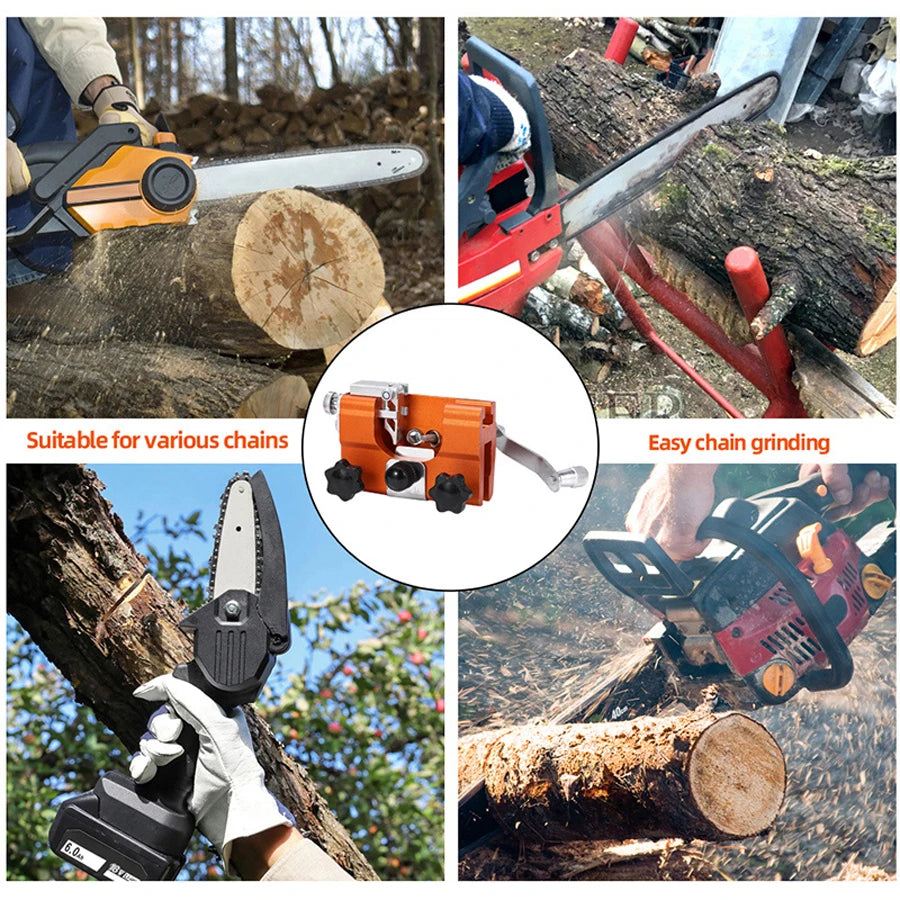 1 jeu d'affûtage de tronçonneuse, affûteur de tronçonneuse portable, outil d'affûtage de tronçonneuse à manivelle avec 4 têtes de meulage en carbure à double usage, conception de manchon de guidage étendu, pince d'a