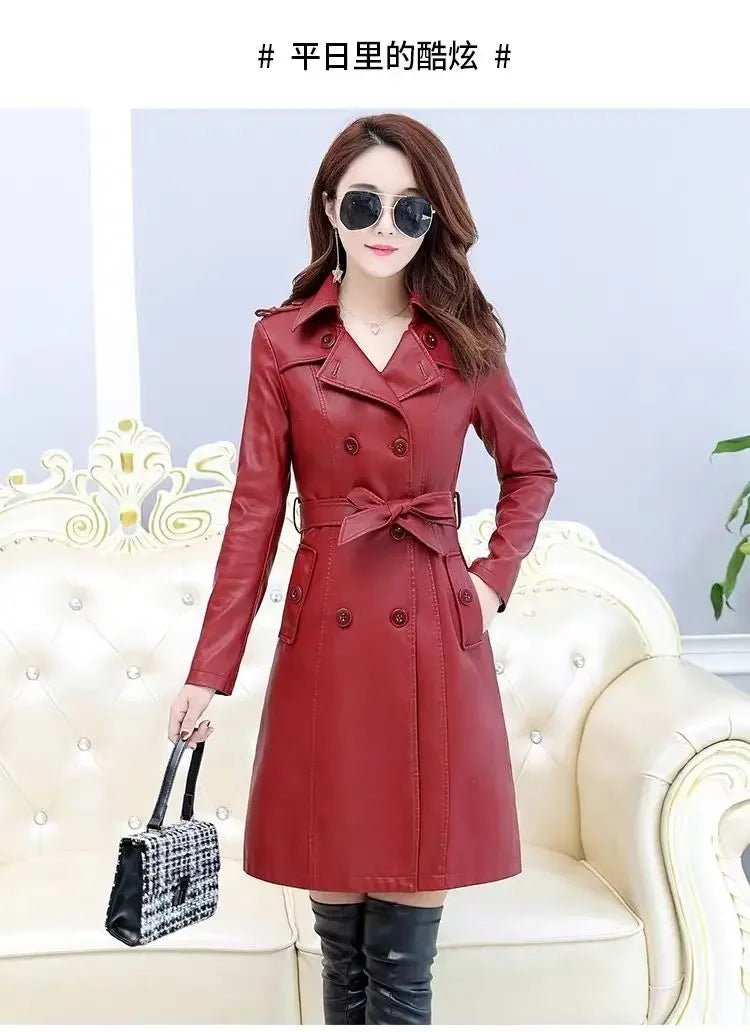 Veste en cuir d'agneau composé pour femme, manteau en fausse fourrure, trench long, lavage gratuit, vêtements en PU, Streetwear, Top, 138