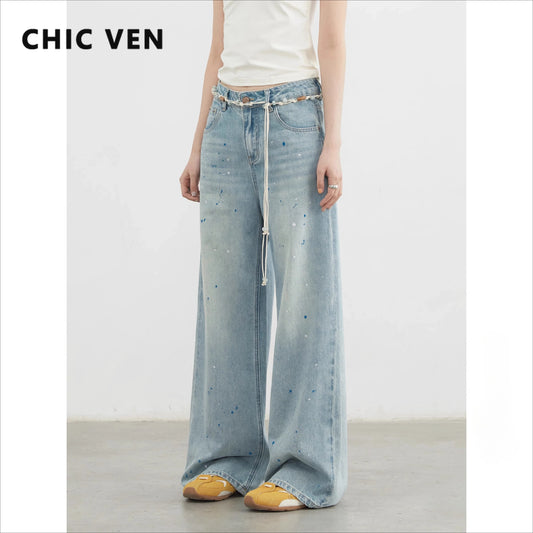 CHIC VEN femmes Denim pantalon décontracté nouveau taille haute Original éclaboussé encre point jambe droite jean jambe large pantalon été 2025