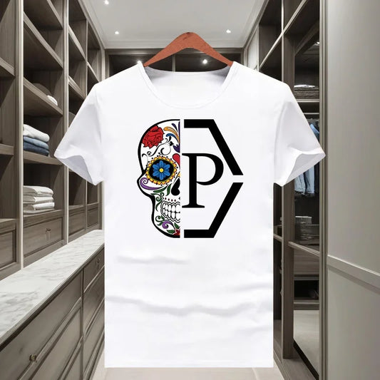 Classique à la mode marque demi crâne fleur imprimé hommes et femmes 2025 nouveau T-shirt à manches courtes col rond