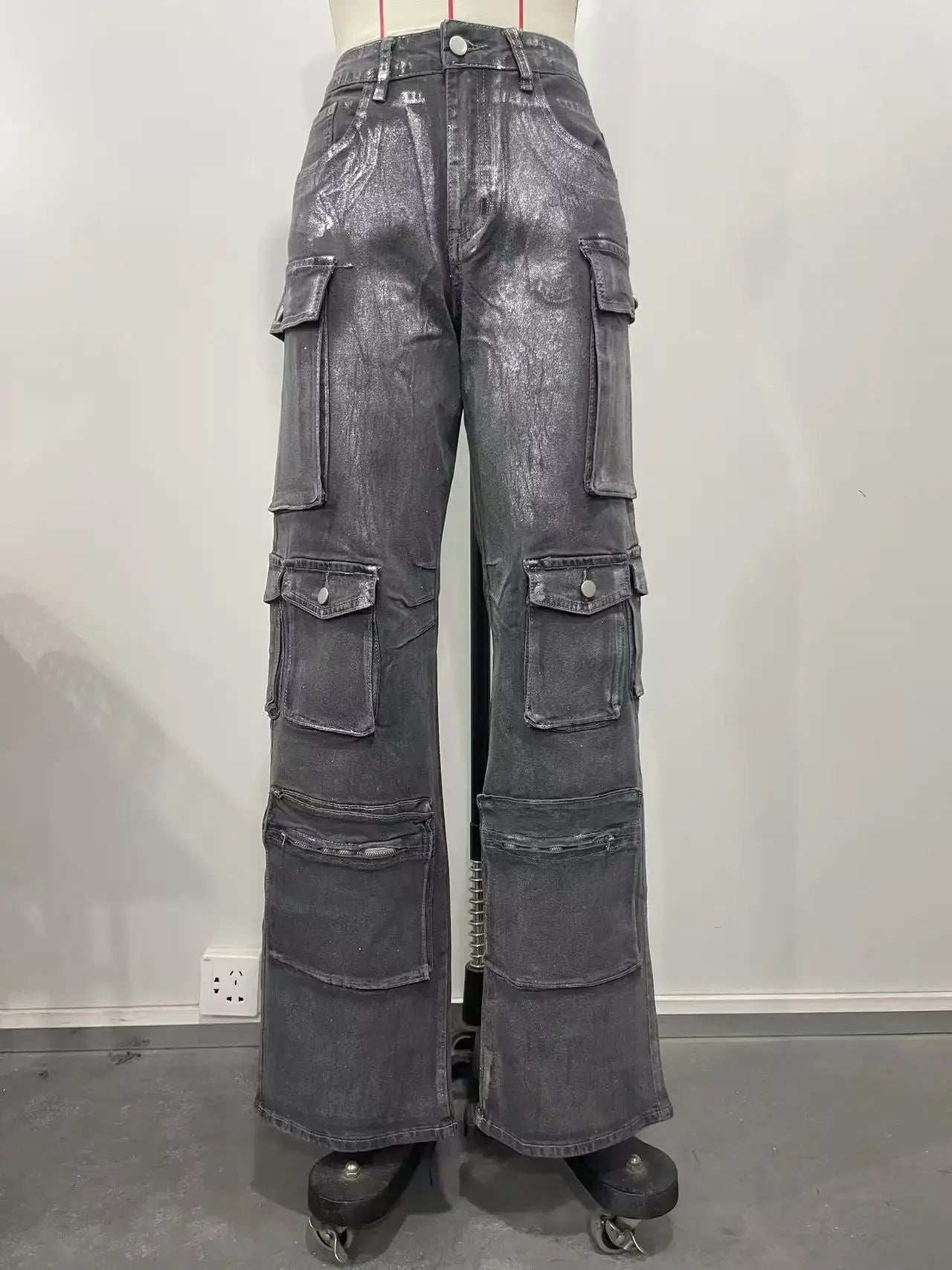 Jean Cargo en Denim pour Femme, Taille Moyenne, Délavé, Poches Multiples, Bronzé, Longueur au Sol, Streetwear, Fjm Droit, 2025