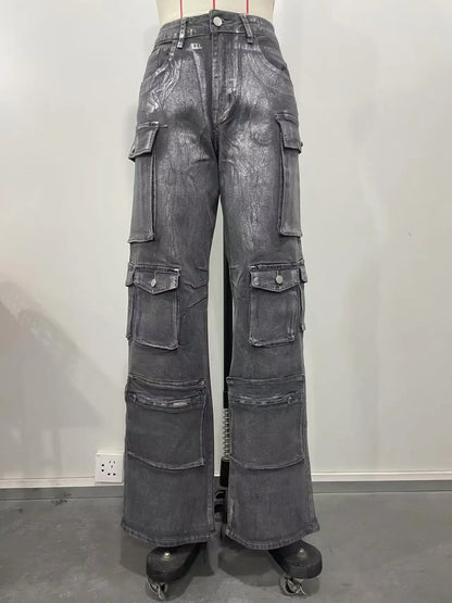 Jean Cargo en Denim pour Femme, Taille Moyenne, Délavé, Poches Multiples, Bronzé, Longueur au Sol, Streetwear, Fjm Droit, 2025