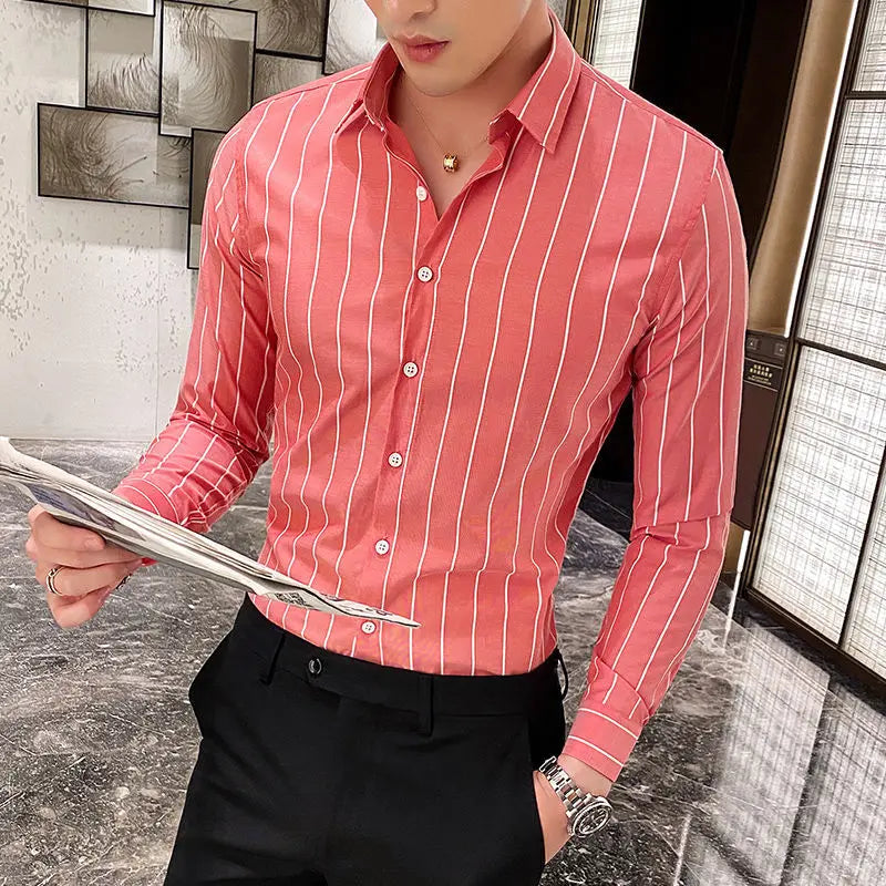Chemises rayées à boutons formels pour hommes, beau tempérament, col rabattu, maigre, printemps, été, automne, vêtements fins pour hommes, mode