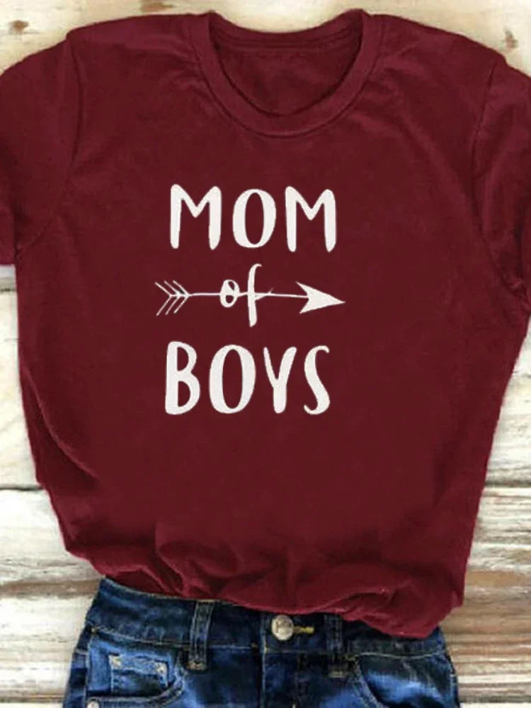 T-shirt manches courtes col rond femme, estival et avec lettres imprimées MOM OF BOYS