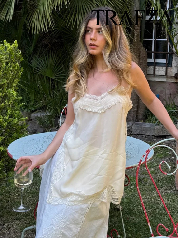 TRAFZA femmes mode d'été col en v dentelle épissé fendu fronde haut femme Sexy dos nu réglable bandoulière décontracté Camisole