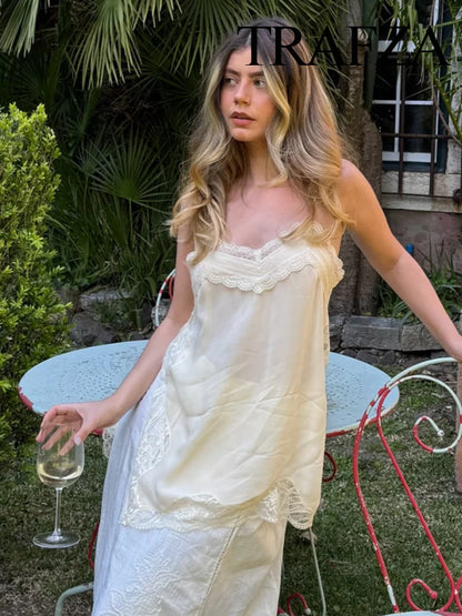TRAFZA femmes mode d'été col en v dentelle épissé fendu fronde haut femme Sexy dos nu réglable bandoulière décontracté Camisole