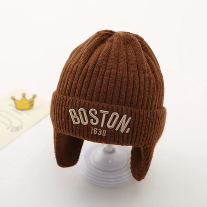 Chapeau en laine avec cache-oreilles brodé pour bébé, bonnet pour tout-petit, protection des oreilles pour enfants, lettre, document solide, chaud, hiver
