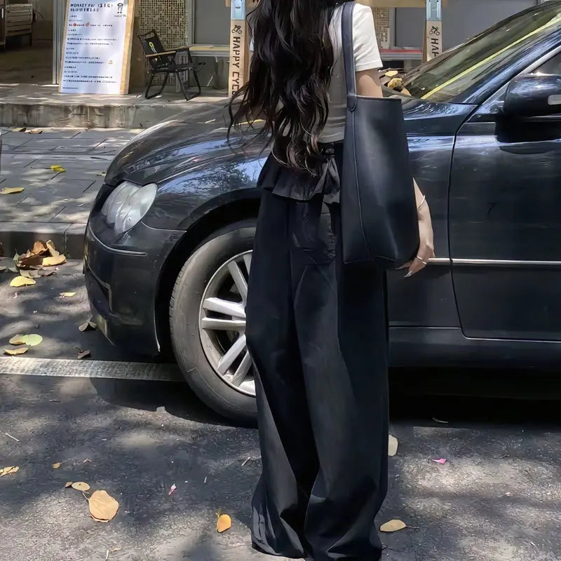 Pantalon noir à jambes larges pour femmes, Streetwear, mode Y2K, à volants, Patchwork, Baggy, été, Harajuku, coréen, pantalon droit décontracté