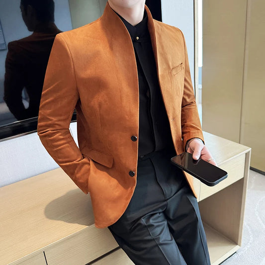 Nouveau Blazer peau de vache velours Version coréenne affaires coupe ajustée costume col montant à la mode costume décontracté veste hommes vêtements formels