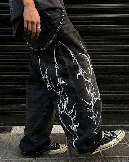 Pantalon Patch populaire avec motif d'épine imprimé, jean déchiré gothique Harajuku pour hommes et femmes, pantalon de rue taille haute Y2k à jambes larges