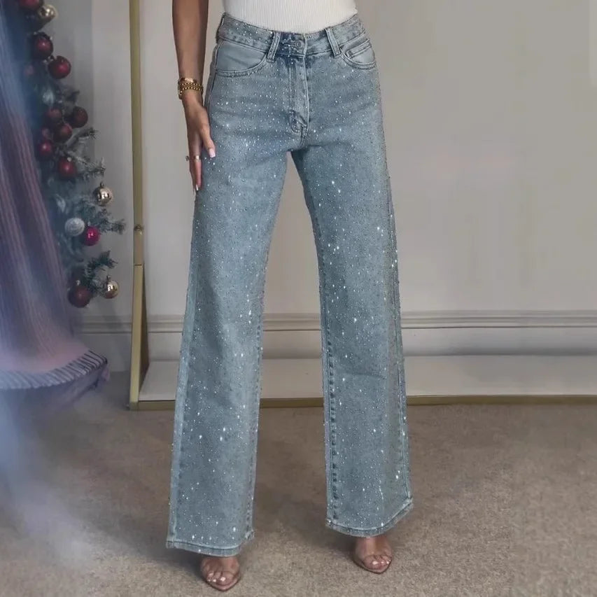 Jean droit pour femmes diamants pantalon Stretch taille haute lavé poches en détresse Vintage Denims Streetwear femme pantalon