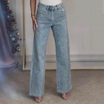 Jean droit pour femmes diamants pantalon Stretch taille haute lavé poches en détresse Vintage Denims Streetwear femme pantalon