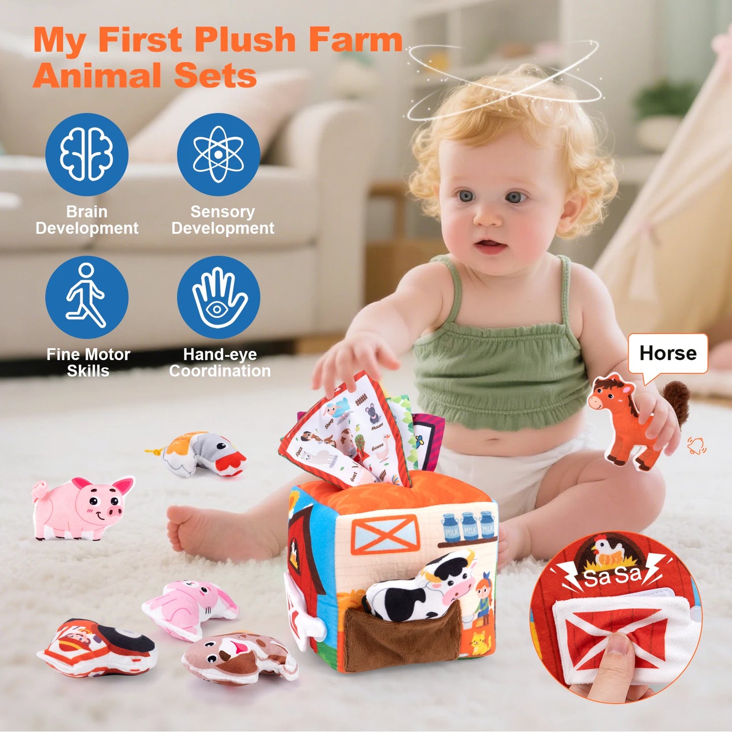 Boîte à mouchoirs en peluche douce pour bébé, ensemble de maison d'animaux de ferme simulés avec son, jouets de Cognition sensorielle pour tout-petits, jouets Montessori