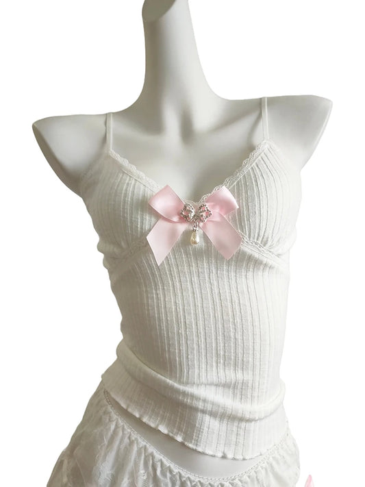 Camis mignon solide haut court femmes été nœud extensible hauts courts pour filles douces Kawaii vêtements