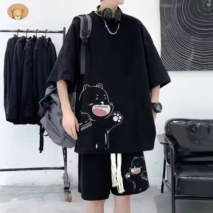 Survêtement d'été pour hommes, Streetwear de dessin animé japonais, Hip Hop Rock, décontracté, court imbibé cool, imprimé gaufré, ensemble 2 pièces, nouveau