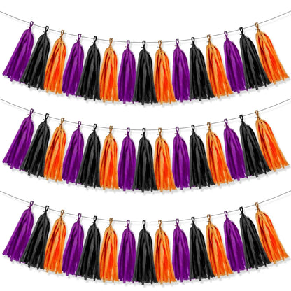 Décorations d'Halloween 15 pompons en papier noir orange violet frange lot de 2 pour salle de fête