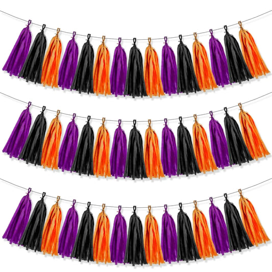 Décorations d'Halloween 15 pompons en papier noir orange violet frange lot de 2 pour salle de fête
