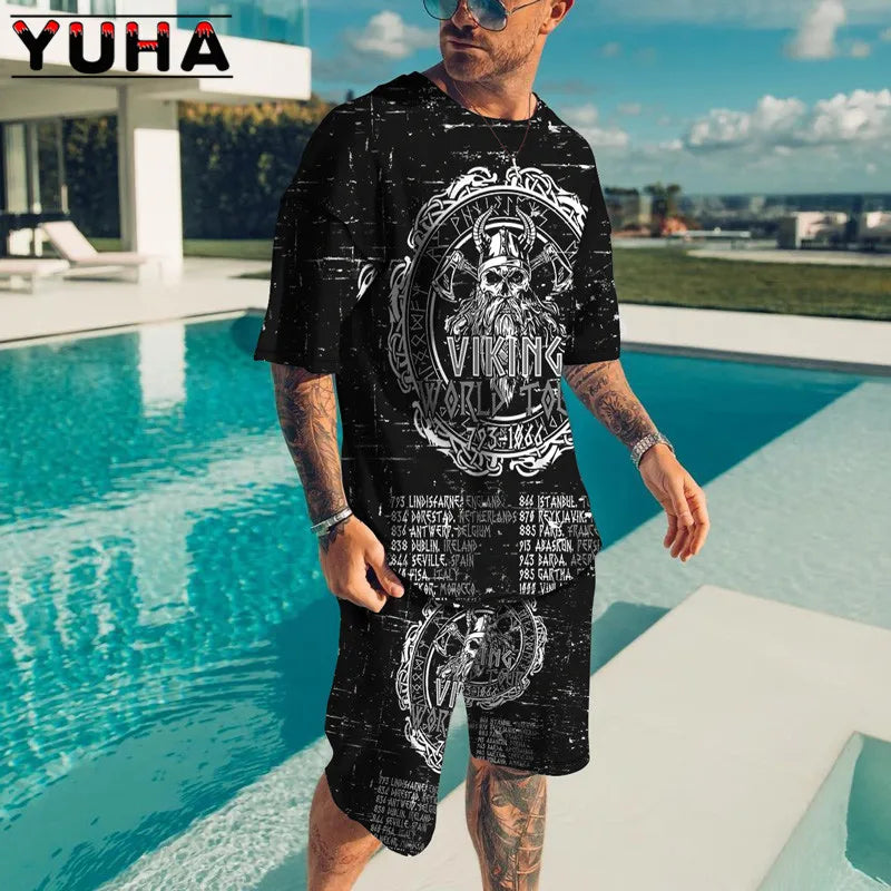 YUHA – ensemble t-shirt manches courtes pour hommes, vêtements d'été pour hommes, impression de squelette Terrible en 3D, Short décontracté, survêtement masculin 2 pièces, nouvelle collection