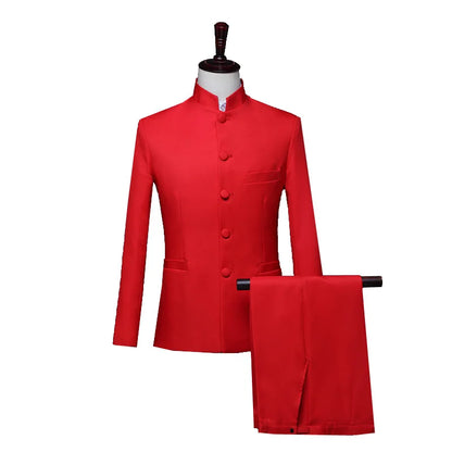Blazer à col montant de style chinois pour hommes, couleur pure, affaires, formel, banquet de mariage, trempé, rouge, blanc, mâle, nouveau, fjj, 2 pièces