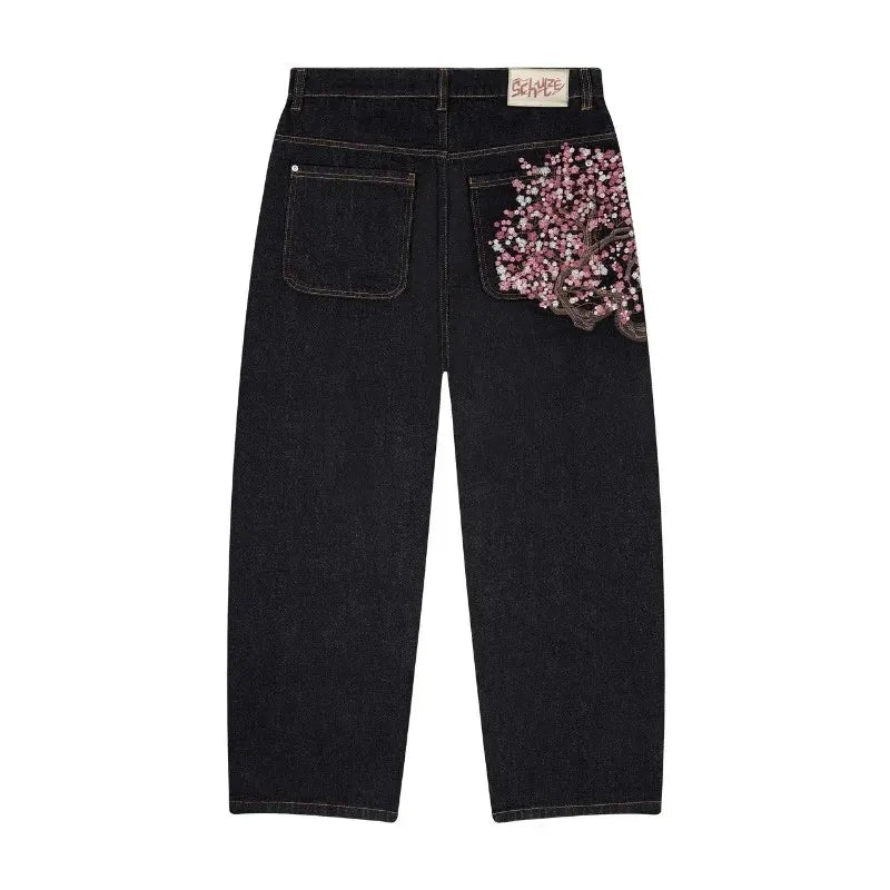 Hip Hop hommes jean Y2k noir rayé Baggy jean gothique brodé haute rue Harajuku rétro Streetwear jambe large Denim pantalon