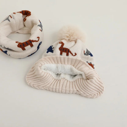 Bonnet tricoté petit dinosaure pour enfants de 2 pièces à 12 ans, ensemble écharpe de chapeau chaud de protection des oreilles pour enfants, chapeau d'automne et d'hiver