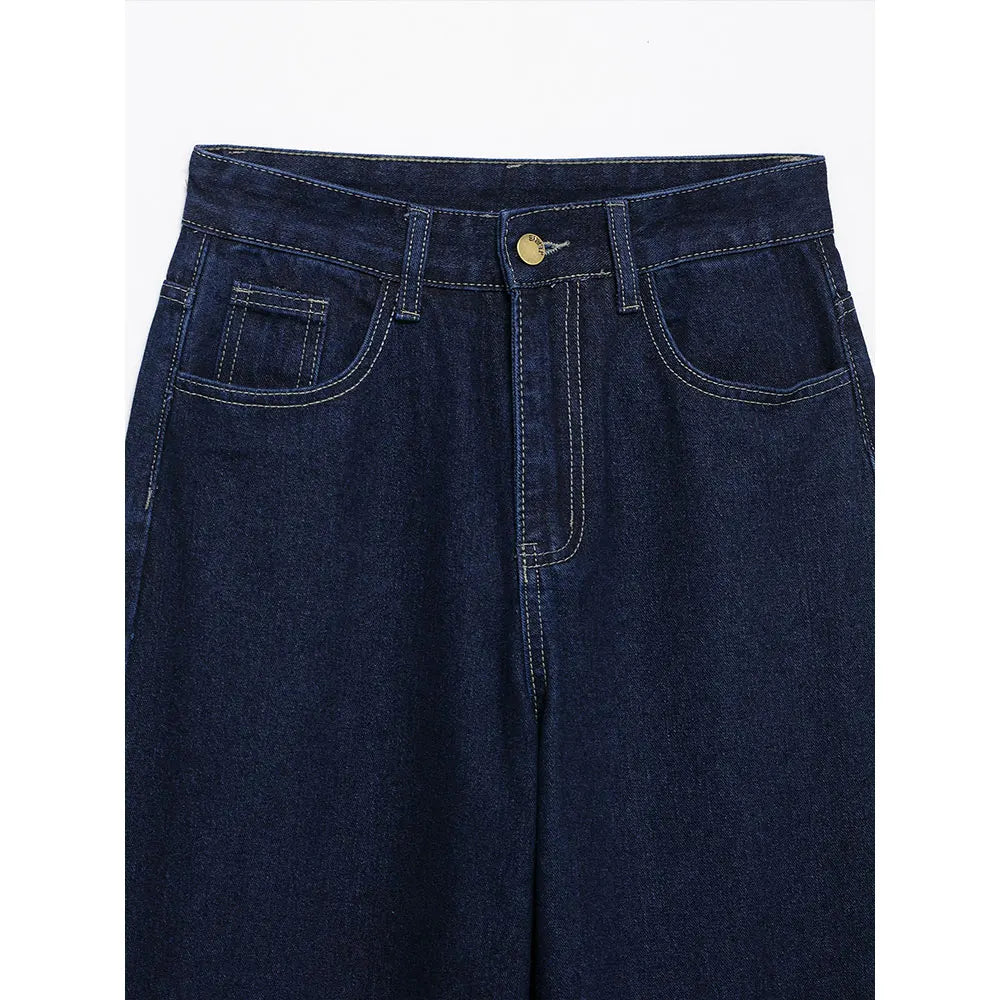 DUOPERI femmes mode Denim bleu marine pantalon droit Vintage jean taille haute pleine longueur femme Chic dame pantalon