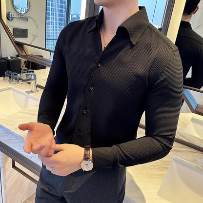 Chemise gaufrée à manches longues pour hommes, coupe couvertes, col en V, monochromatique, affaires décontractées, robe formelle, fête sociale, streetwear, 4XL, automne