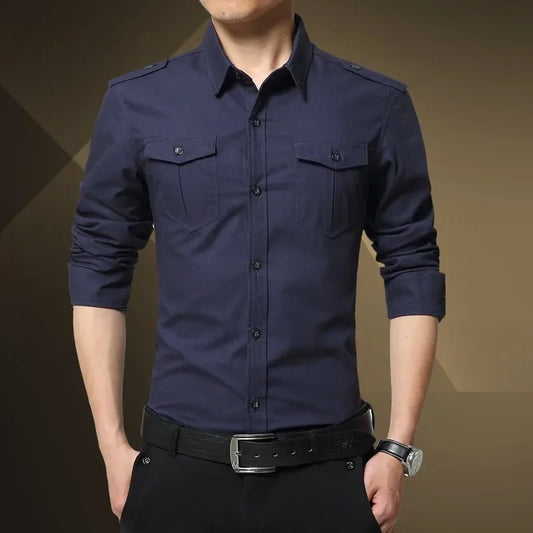 Chemise slim à manches longues de style militaire pour hommes, épaulette en coton, double poche, chemise décontractée, nouveau, 2025