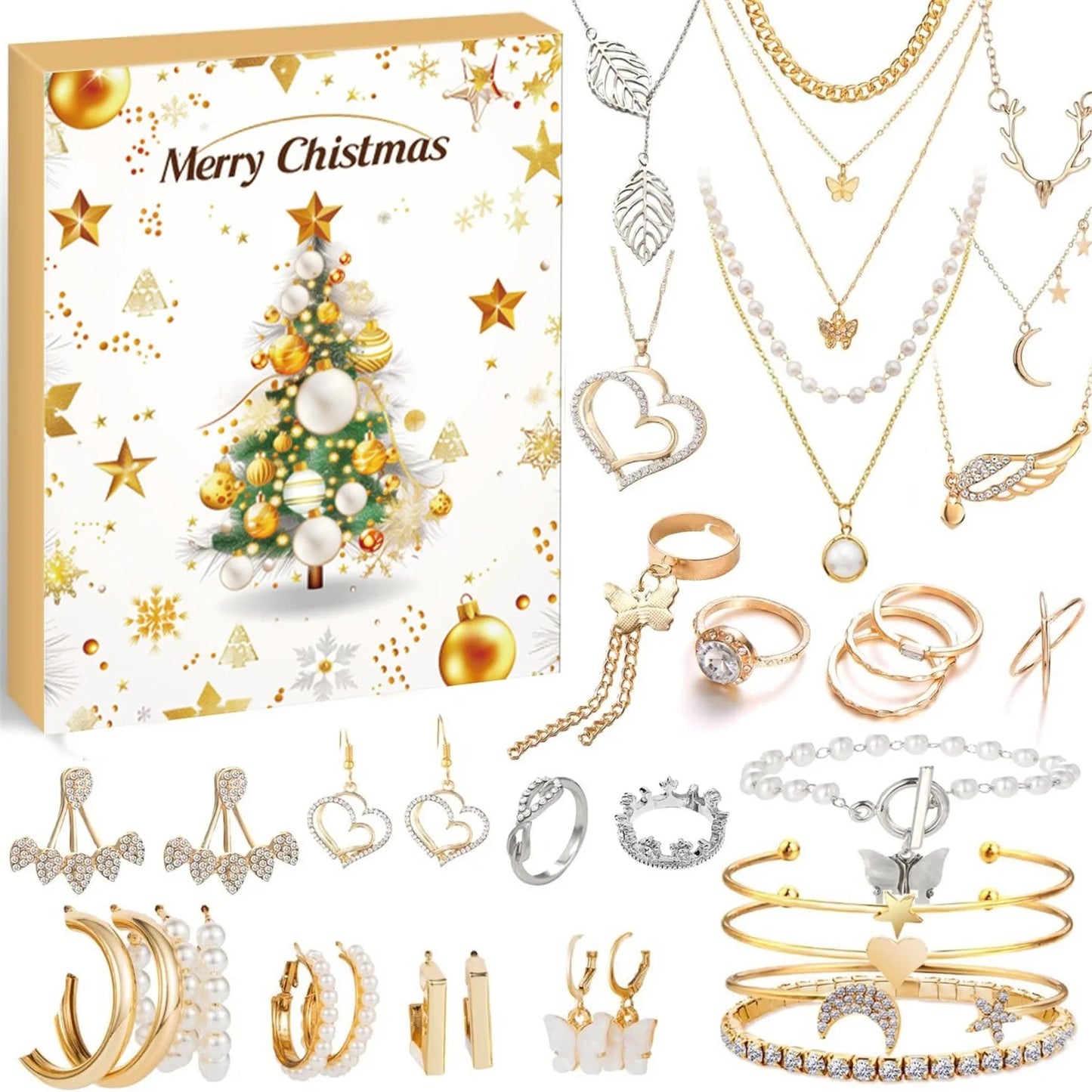 Calendrier de compte à rebours de noël 24 jours, calendrier de l'avent, collier, Bracelet, boucles d'oreilles, cadeaux de noël