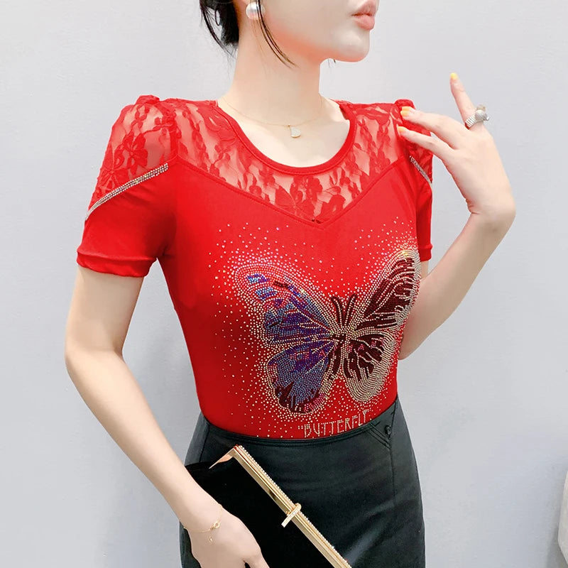 Été nouvelle mode maille T-shirt Chic luxe papillon chaud diamant T-shirt élégant dentelle Patchwork à manches courtes mince haut pour femme