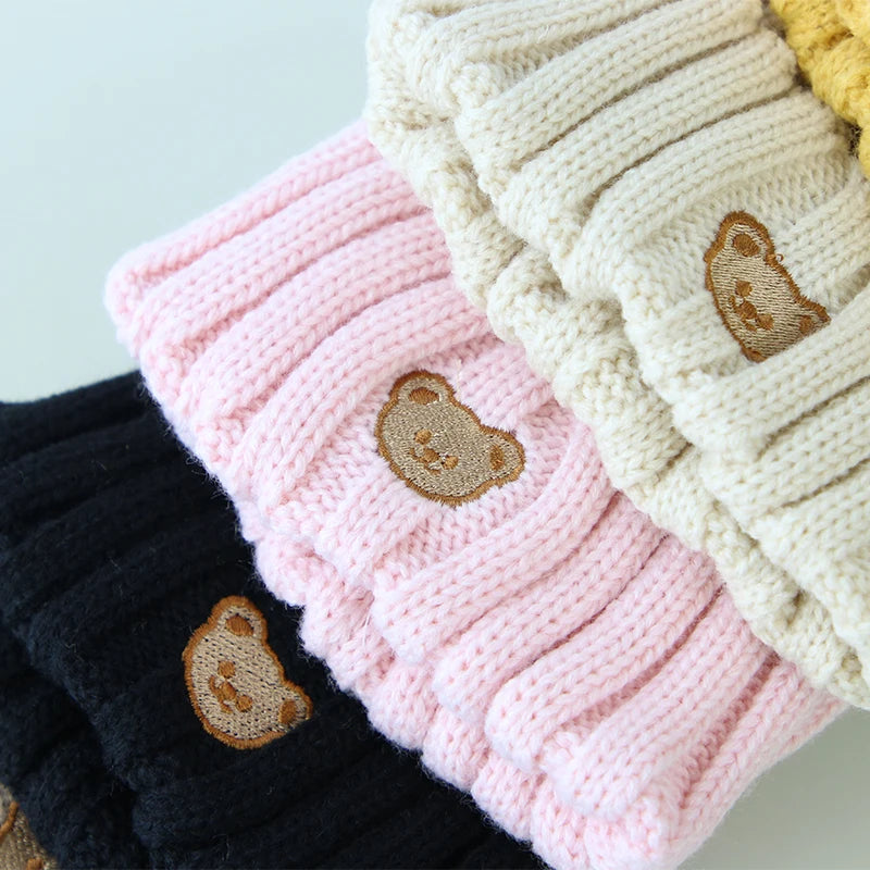 Chapeau de bébé brodé d'ours de dessin animé coréen, doux et chaud pour enfants garçons et filles, Bonnet d'hiver tricoté pour enfants
