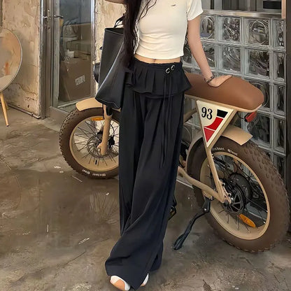Pantalon noir à jambes larges pour femmes, Streetwear, mode Y2K, à volants, Patchwork, Baggy, été, Harajuku, coréen, pantalon droit décontracté
