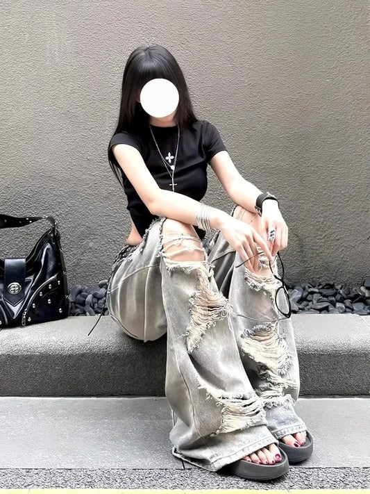 Jean déchiré délavé pour femmes, grande taille, gros mm, rétro américain, Spice Girl, pantalon ample à jambes larges, nouvelle collection été