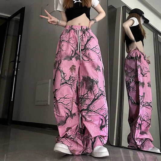 Y2k rose Graffiti impression complète pantalon causal rue Hip-hop amusant pantalon à jambes larges pour les femmes été taille haute ample et minceur Tre