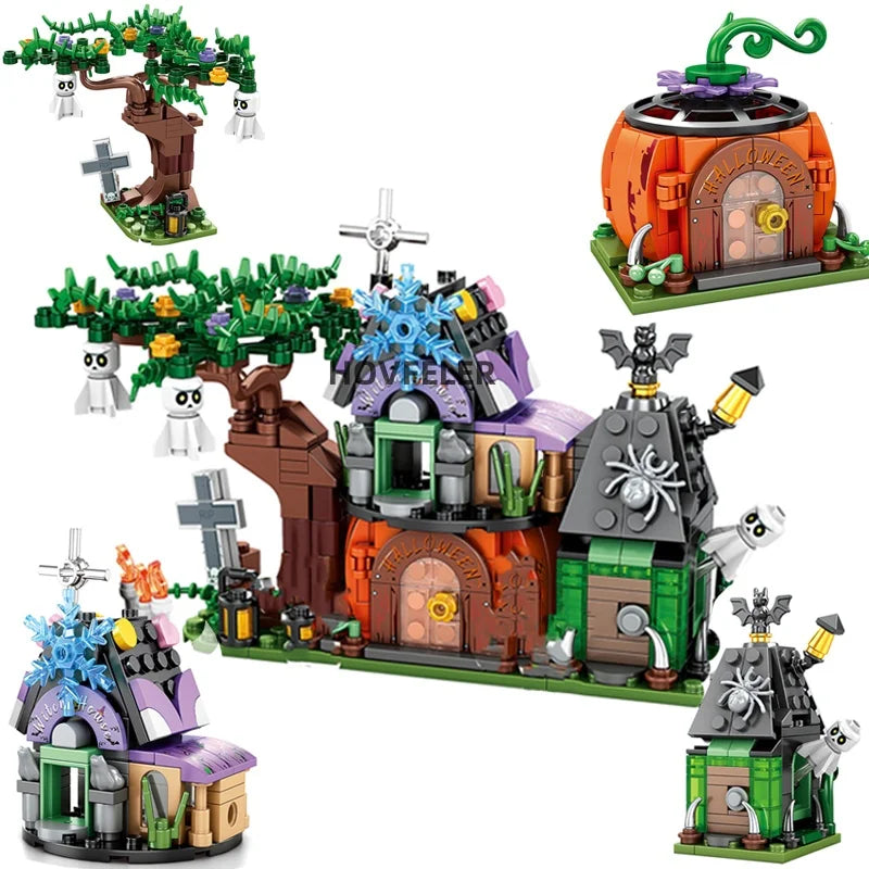 Blocs de construction de maison de citrouille d'halloween 4 en 1, City Kid, bricolage, modèle de chariot de citrouille, ensemble de briques, jouets pour enfants, cadeau