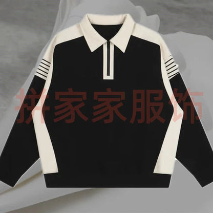 Pull rayé à manches longues pour hommes, demi-fermeture éclair, col polo, plus gros, décontracté, édition coréenne, printemps et automne, nouveau, 2024