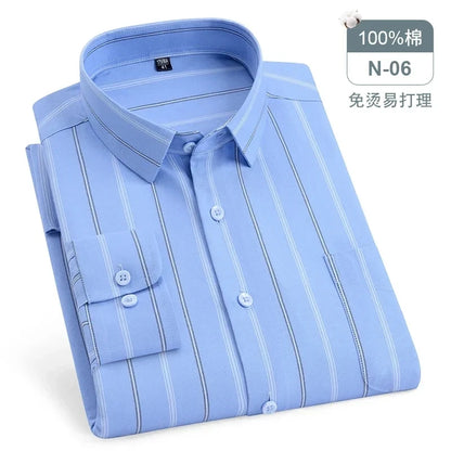 Chemise Oxford rayée à carreaux pour hommes, chemise sociale à manches longues, chemises de travail décontractées, poche, pur coton, qualité, S- 7XL, 8XL, 100%