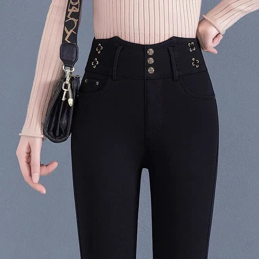 Jean taille haute élastique coréen avec peluche arctique, pantalon crayon droit noir mince, bouton solide, fermeture éclair, mode automne et hiver, nouveau