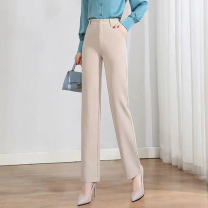 Pantalon de bureau pour femmes, coupe droite, ample, couleur unie, bouton assorti, fermeture éclair, taille haute, poches, crayon, printemps automne