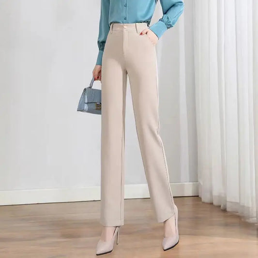 Pantalon de bureau pour femmes, coupe droite, ample, couleur unie, bouton assorti, fermeture éclair, taille haute, poches, crayon, printemps automne