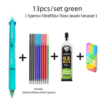 Stylo à bille multicolore effaçable 5 en 1, recharge 4 couleurs de 0.7mm et crayon automatique de 0.5mm,