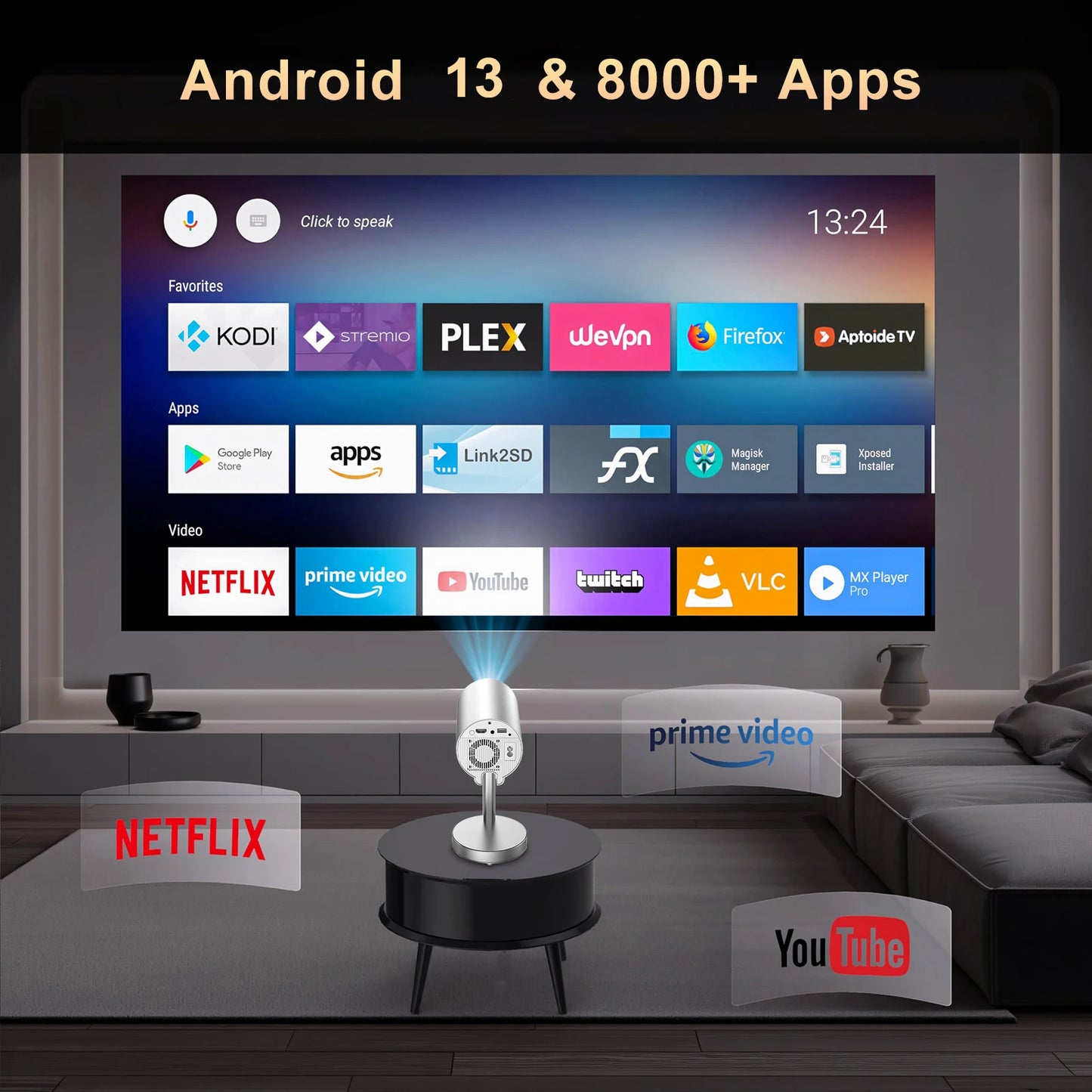 Salange X5 projecteur intelligent 1080P Android13 Wifi Support 4K faible bruit Portable Support caché projecteur pour maison chambre extérieur