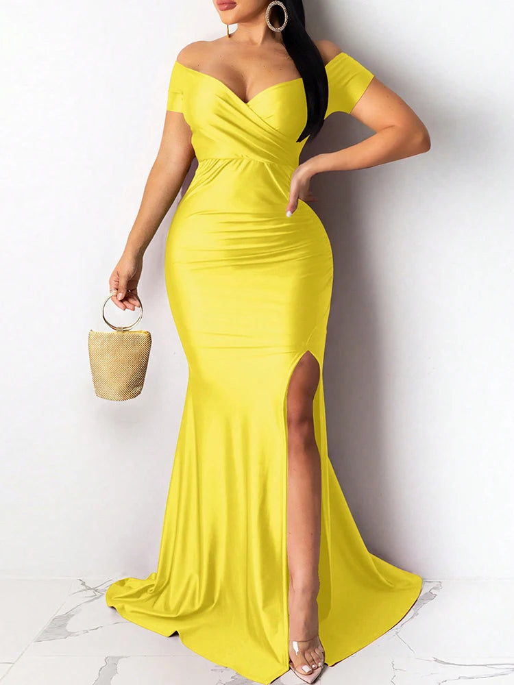 Robe de soirée classique à fente haute pour femmes, couleur unie, Maxi, longue, avec manches, robes de soirée élégantes pour demoiselle d'honneur de mariage, 2025