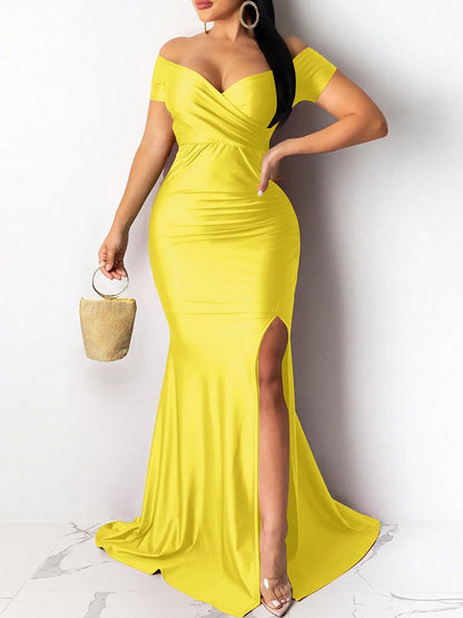 Robe de soirée classique à fente haute pour femmes, couleur unie, Maxi, longue, avec manches, robes de soirée élégantes pour demoiselle d'honneur de mariage, 2025