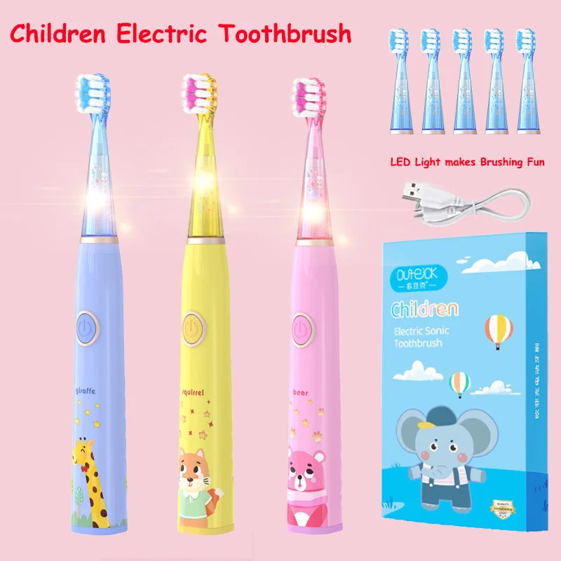 Brosse à dents électrique sonique pour enfants, dessin animé avec lumière LED colorée, étanche IPX7, nettoyage total des dents, brosse à dents de soin Rechargeable