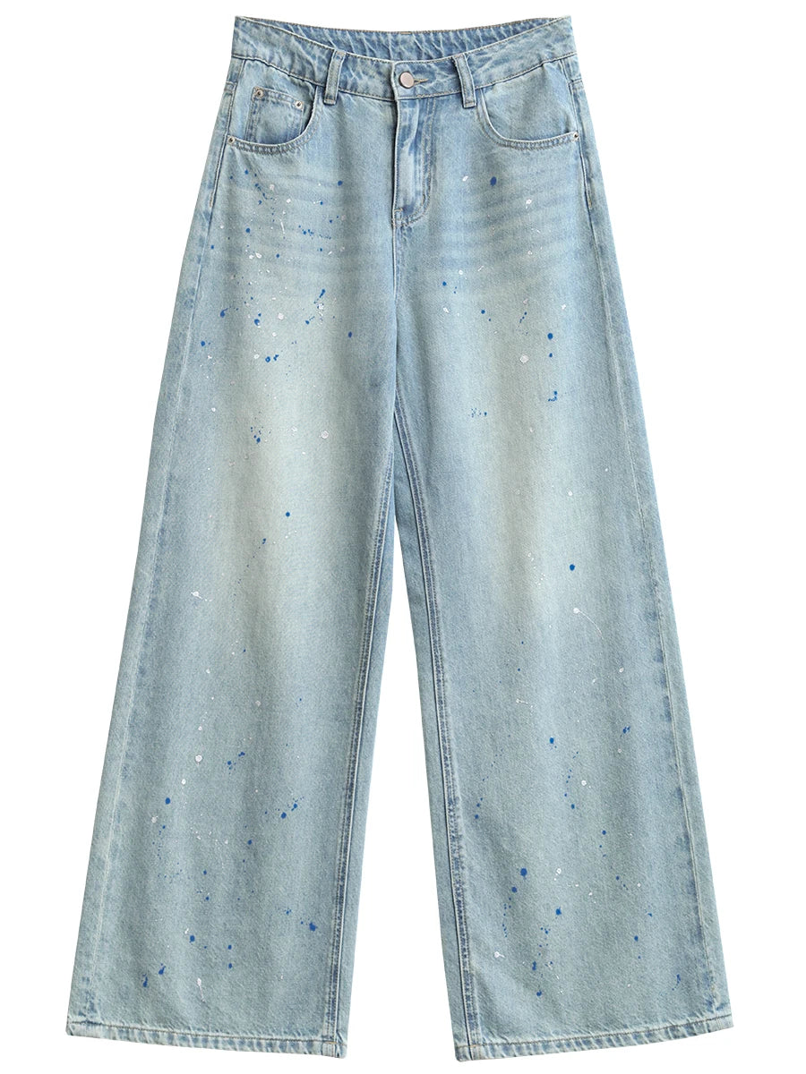 CHIC VEN femmes Denim pantalon décontracté nouveau taille haute Original éclaboussé encre point jambe droite jean jambe large pantalon été 2025